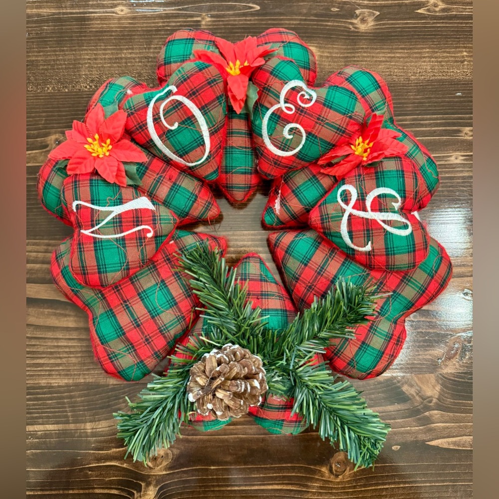 Vintage Small Plaid Hearts Fabric Holiday Wreath - Red and Green